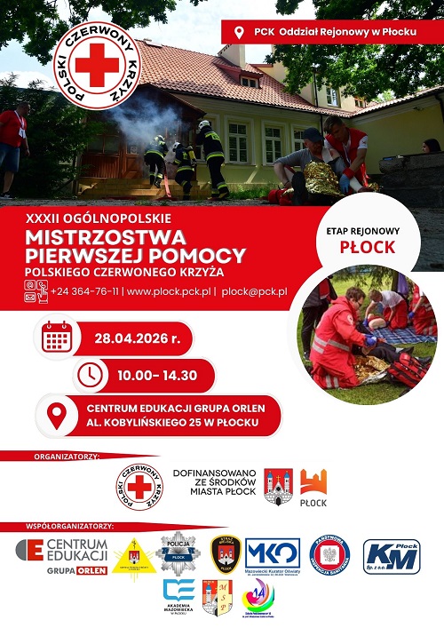 Plakat promujący XXXII Mistrzostwa Pierwszej Pomocy PCK w Płocku